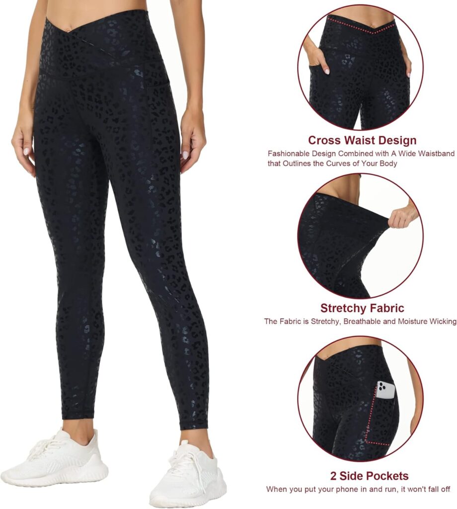 Womens V Cross Waist Workout Leggings with Tummy Control and Pockets